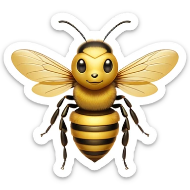 Cinematic Noble Bee Portrait Emoji, Poised and industrious, with a compact, fuzzy body in golden-yellow hues, delicate translucent wings, and a focused, determined expression with sparkling eyes, Simplified yet sharp and sophisticated features, highly detailed, glowing with a soft, sunny radiance, high shine, intelligent and diligent, stylized with an air of natural elegance, focused and alert, soft glowing outline, capturing the essence of a watchful bee that appears ready to buzz out of the screen with effortless authority! sticker