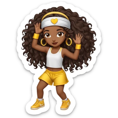 Dancing brown girl with long darn brown curly hair with headband hip hop sticker