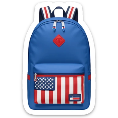 simple blue backpack, at the bottom pocket there is a  tommyjeans logo featuring a Tommy Jeans-inspired logo. The logo looks like a vertically-striped American flag in red, white, and navy. The flag stripes are vertical, not horizontal. Flat

 sticker