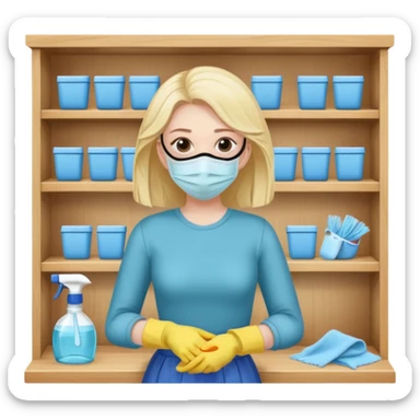 woman anxious cleaning a shelf and wearing a mask sticker