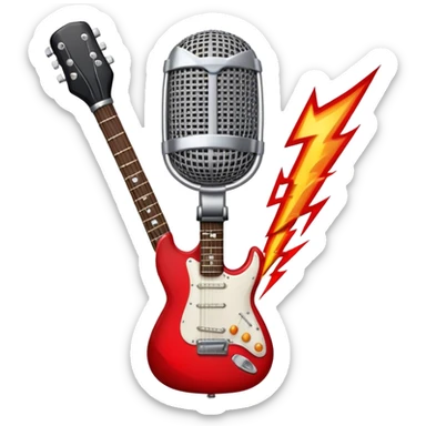 Create a bold and dynamic emoji representing rock vocal performance in a humanless collage. The design should feature a vintage microphone at the center, surrounded by key rock elements like an electric guitar, drumsticks, and a guitar pick. Include symbols of energy, such as lightning bolts or flames, and subtle musical notes or sound waves to evoke the raw power of rock vocals. Use dark, bold colors like black, silver, and red, with hints of chrome or metallic accents to convey the edgy, rebellious spirit of rock music. The background should be transparent. sticker
