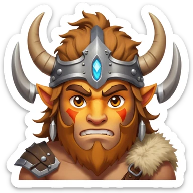 Clash of Clans aesthetic: Cinematic Fierce Barbarian Portrait Emoji, Poised and bold with a rugged yet cartoonish build in tattered furs and a horned helmet, his exposed skin a rich tan, expressive bright eyes and a confident smirk, Simplified yet dynamic features, highly detailed, glowing with a vivid, adventurous aura, high shine, heroic and spirited, stylized with an air of medieval warrior charm, focused and energetic, soft glowing outline, capturing the essence of a fearless barbarian adventurer ready to lead his clan with spirited valor! sticker
