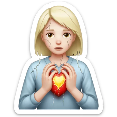 Heart cracking with light leaking out, hands trying to hold it together sticker