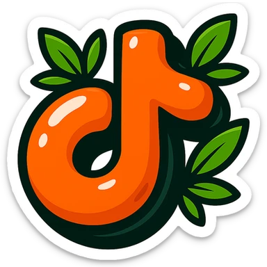 Plump, extra rounded cartoon-style TikTok logo, soft and puffy, with bold black outline, expressive shadows, glossy highlights, and bright leaves around the logo. No sharp corners, no background. Match the reference style closely, emphasize contours, shadows, and highlights. sticker