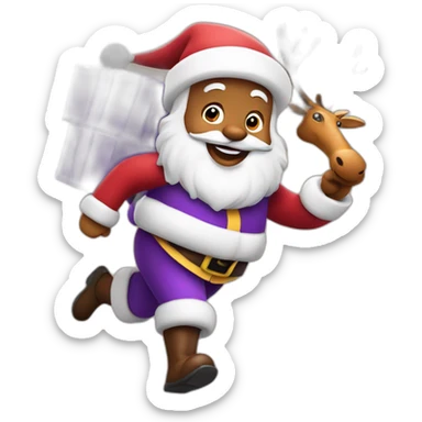 Santa Claus dressed in purple running with the reindeer to deliver the presents sticker