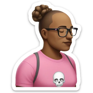  A man with a shaved skull in a pink t-shirt and glasses kisses on the lips a woman with long hair tied in a bun and bangs sticker