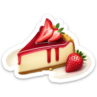 Cinematic creamy cheesecake, smooth and velvety, topped with fresh strawberries and a glossy fruit glaze, golden crumbly crust, beautifully plated, soft glowing background, indulgent and elegant. sticker