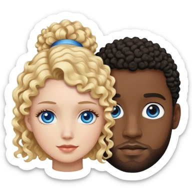 White woman with blue eyes and curly hair next to a black man with short black curly hair sticker