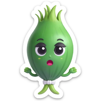 3D chibi green onion character, round white body, big eyes, green leaf hair, dramatic crying face with tears spraying out, pastel kawaii style, soft smooth textures, high quality lighting sticker