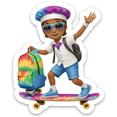 ["A happy boy with brown skin, straight hair, wearing a chef hat and sunglasses, dressed in hippie fashion, is skateboarding while holding a backpack."] sticker
