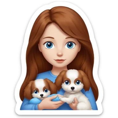 long hair chestnut color blue eyes woman holding small completely white dog sticker