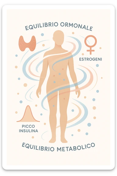 Il corpo è circondato da simboli delicati e bilanciati che rappresentano equilibrio ormonale e metabolico: piccoli cerchi, flussi energetici colorati, simboli stilizzati di tiroide, picco insulina, estrogeni. 4k immagine in italiano sticker
