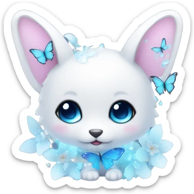 Edgy Cute Cool Kawaii gorgeous sparkly ethereal white fantasy animal with blue eyes sona with flowers and butterflies sticker