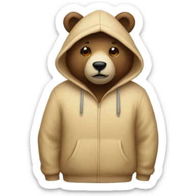 A bear wearing a hoodie with airpods sticker