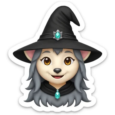 cute wolf witch emoji, smiling, wearing a pointy hat sticker