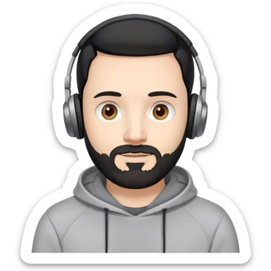 black hair, pale skin man with beard, 40 year old, round brown eyes, soft smile, wearing grey pro headphones with grey sweatshirt sticker