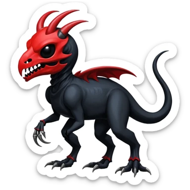 Shiny Dark Edgy  Duskull-Salandit-Inteleon-Amaura-Fakémon-hybrid-creature (full body) with a horned animal-skull-mask sticker