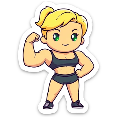 full body pose of a muscular white girl with blonde hair and green eyes, flexing 6 pack abs and one arm bicep sticker