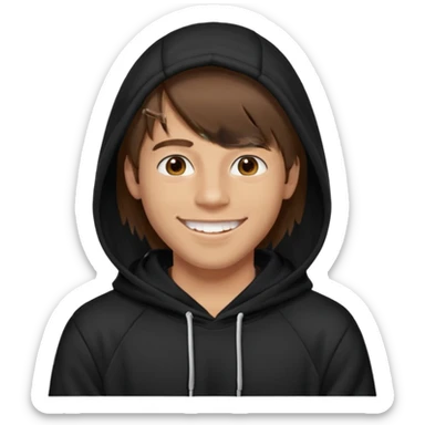 20 yr old man, brown hair, straight, big smile, white teeth, tanned skin, bangs, black hooded sweatshirt, long hair in back, center-parted bangs sticker