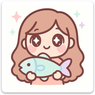 twitch emote of a cute cartoon girl with long brown hair holding a fish, digital art, pastel palette, sparkly eyes, kawaii style sticker