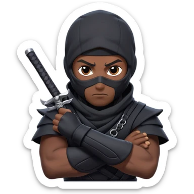 clash-of-clans-aesthetic_-cinematic-mysterious-male-ninja-portrait-emoji, rendered in a flat, vector-style with minimal shading and bold, simplified shapes, his arm is stretched out  with a head slightly turned revealing intense, focused eyes. the ninja has his arm out and perched on top of his forearm is  a black crow sticker