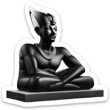 Osiris obsidian statue on granite 30 ton brick, massive size, sunlight behind, sunset colors, reflections on black stone polished clean perfect, photography angles sticker