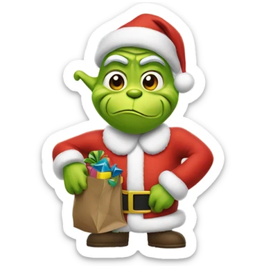 Grinch wearing Santa outfit with a bag of toys sticker