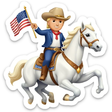 A cartoon-style emoji of Donald Trump riding a majestic white horse, wearing a cowboy hat and a confident smile, with a small American flag in his hand. The horse is galloping energetically, and the background is a simple desert landscape with a few  sticker