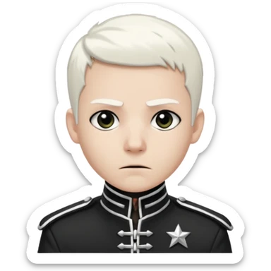 Head and shoulders emoji of a pale man with short white hair, wearing a black marching band jacket with silver trim. black eyeliner. Expression stoic, commanding, and theatrical, heroic emo style sticker