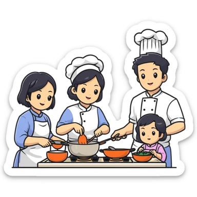 East Asian family with black hair cooking together in the kitchen sticker