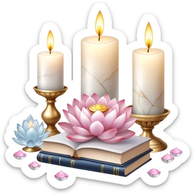 Aesthetic candles, flower petals, books, marble stand, crystal stones, lotus, feathers, zen, decoration, meditation,  sticker