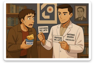 fai un webtoon manga a colori con questo stile, in cui un uomo fa una domanda al kinesiologo con il camice bianco (fagli anche la scritta "ANTONIO ANANIA" SUL CAMICE, l'uomo chiede una cosa mostrando un formaggio e uno yogurt al kinesiologo con il camice, IL KINESIOLOGO annuisce e SPIEGA ALL'UOMO UNA cos. L'UOMO ha un ESPRESSIONE CONFUSA IN VOLTO. non fare i fumetti però, fai solo in modo che sembri stiano parlando sticker