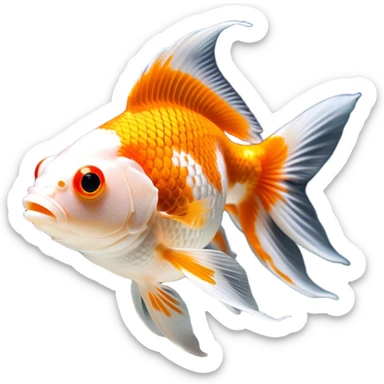 Cinematic Noble Orange and White Goldfish Portrait Emoji, Poised and regal, with a sleek, streamlined build and a vibrant body featuring a harmonious blend of orange and white hues, deep-set soulful golden eyes, Simplified yet sharp and sophisticated features, highly detailed, glowing with a soft, dignified glow, high shine, intelligent and graceful, stylized with an air of aquatic artistry, focused and attentive, soft glowing outline, capturing the essence of a watchful and confident aquatic companion, so majestic it feels as though it could glide out of the screen with effortless authority! sticker