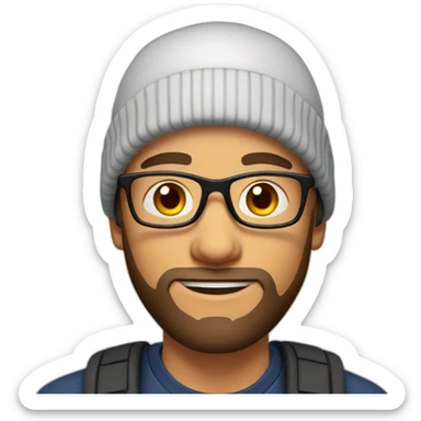 young dark-haired white man with a orange beanie, glasses and beard sticker
