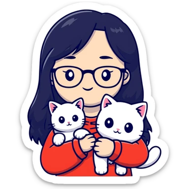 Girl with long black hair and glasses holding a white kitten sticker