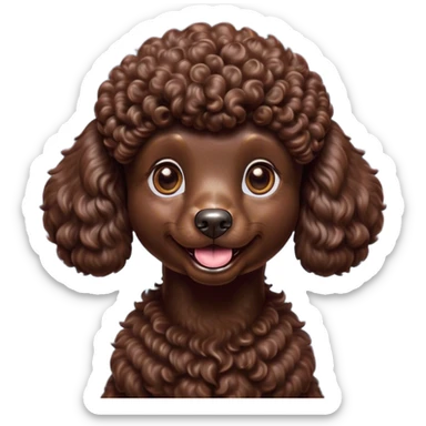 Cinematic Comical Chocolate Poodle Portrait Emoji, Head tilted dramatically with an exaggeratedly amused expression, featuring a glossy, curly chocolate Fur with a bouncy texture, wide, expressive brown eyes filled with playful disbelief, Simplified yet hilariously expressive features, highly detailed, glowing with a slightly sassy glow, high shine, dramatic yet playful, stylized with an air of cheeky mischief, bright and endearing, soft glowing outline, capturing the essence of a spirited and over-the-top companion, so meme-worthy it feels like it could side-eye its way into internet fame instantly! sticker