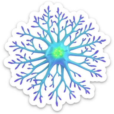 3D scientific neuron with blue soma, purple dendrites, green axon with myelin, surrounded by radiant shield-like protective aura, highly detailed realistic 3D rendering sticker