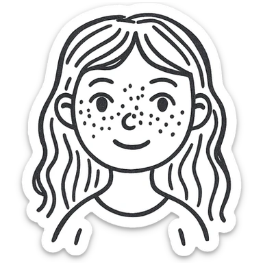 a girl with warm brown slightly wavy hair, blue eyes, and lots of freckles, hand-drawn sketch style sticker