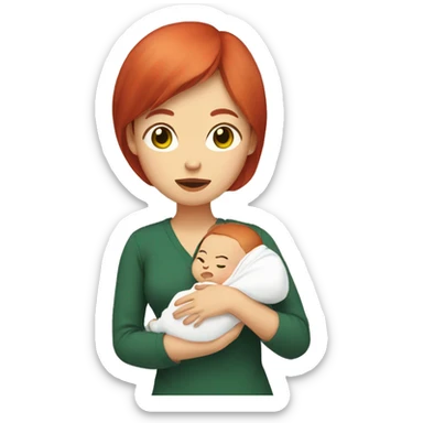 Asian woman with red hair and green eyes holding a baby in her hand sticker