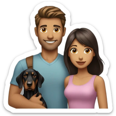 A handsome man with a beautiful girl playing with a boy Doberman dog sticker