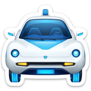 Futuristic retro hover white car with very sharp angular design and intense glowing blue wheels, direct front view showing headlights, flat vector style, minimal color palette with blue accents sticker