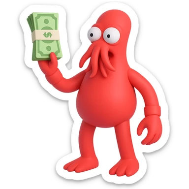 Full body 3D emoji style illustration of Zoidberg from Futurama holding up a stack of money, no background. Use 3D emoji style as the target style. sticker