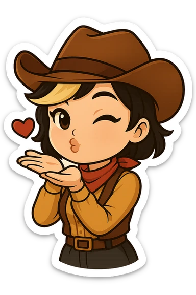 Sexy chibi cowgirl with short hair and a blonde streak, wearing a cowboy hat and western outfit, no guns. Pose: blowing a kiss with both hands, flirty expression, chibi/anime style, sized for Twitch or Discord use, transparent background. sticker
