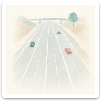 a modern expressway with multiple lanes, smooth asphalt, and clear lane markings, seen from above, watercolor art style sticker