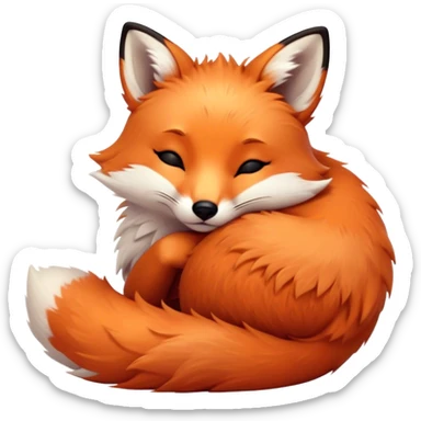 Cinematic cute sleepy fox, curled into a cozy fluffy ball, warm glowing fur, tiny black nose resting on its tail, soft breathing visible, peaceful and charming. sticker