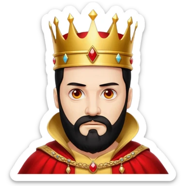 

a yellow king, red eyes, 60 years old, black hair, black beard, wearing a crown, red robe, fierce face emoji
 sticker