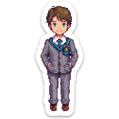 young boy in a Gilbert Inglefield school uniform, pixel art style sticker