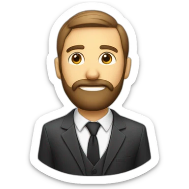 a man with a beard in a suit with a pencil behind his ear sticker
