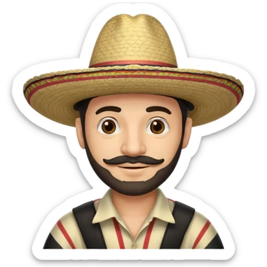 A happy fair skinned Colombian man with some facial hair wearing a black and beige stripped Colombian sombrero sticker