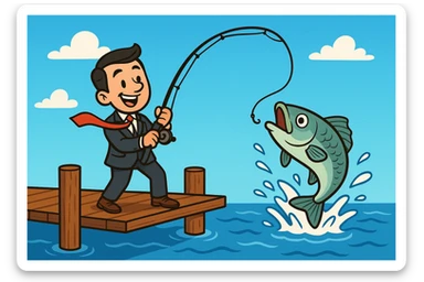 cartoon businessman fishing from a dock, tie fluttering, catching a big fish sticker